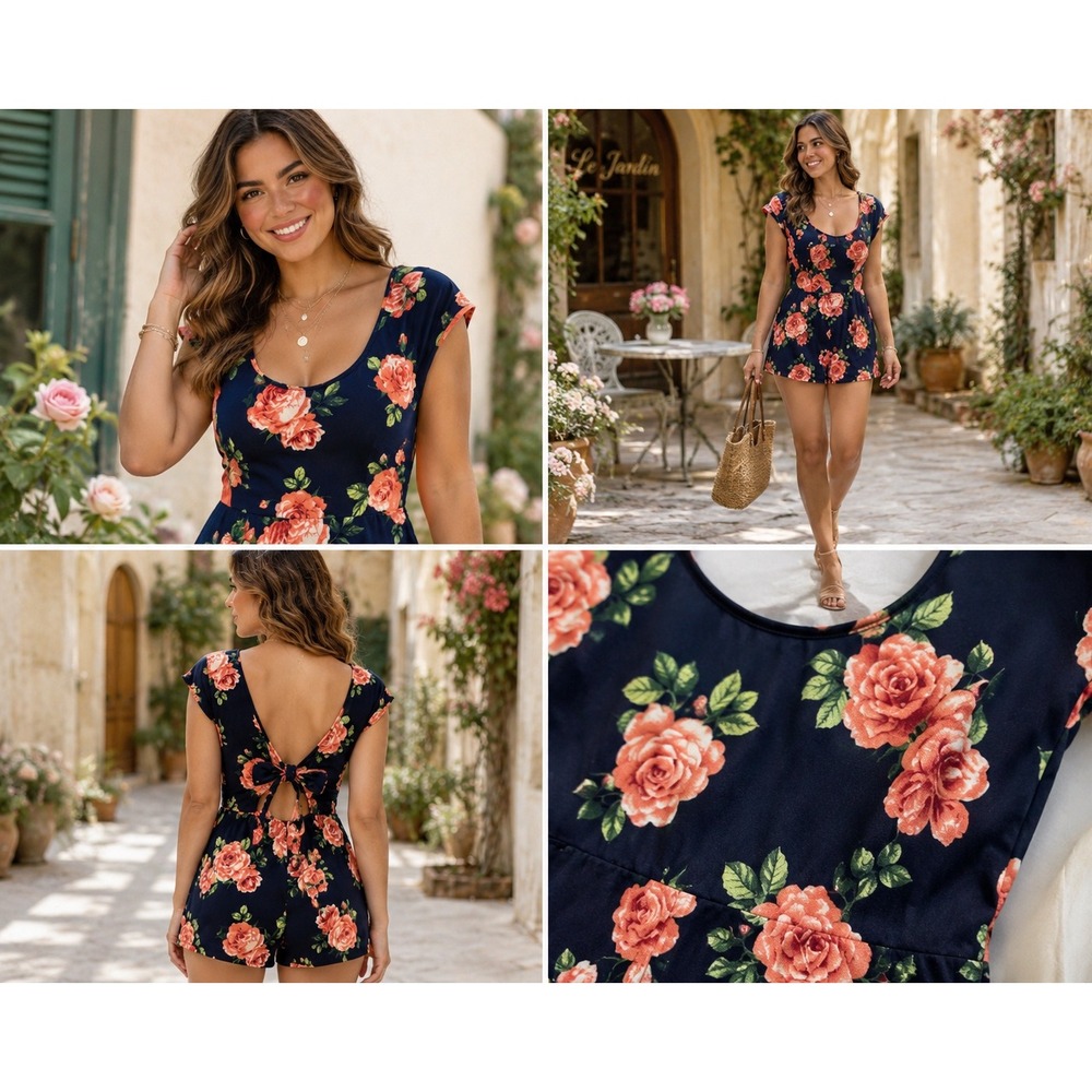 Heart and Hips Navy Blue Floral Rose Print Tie Back Romper Medium Womens